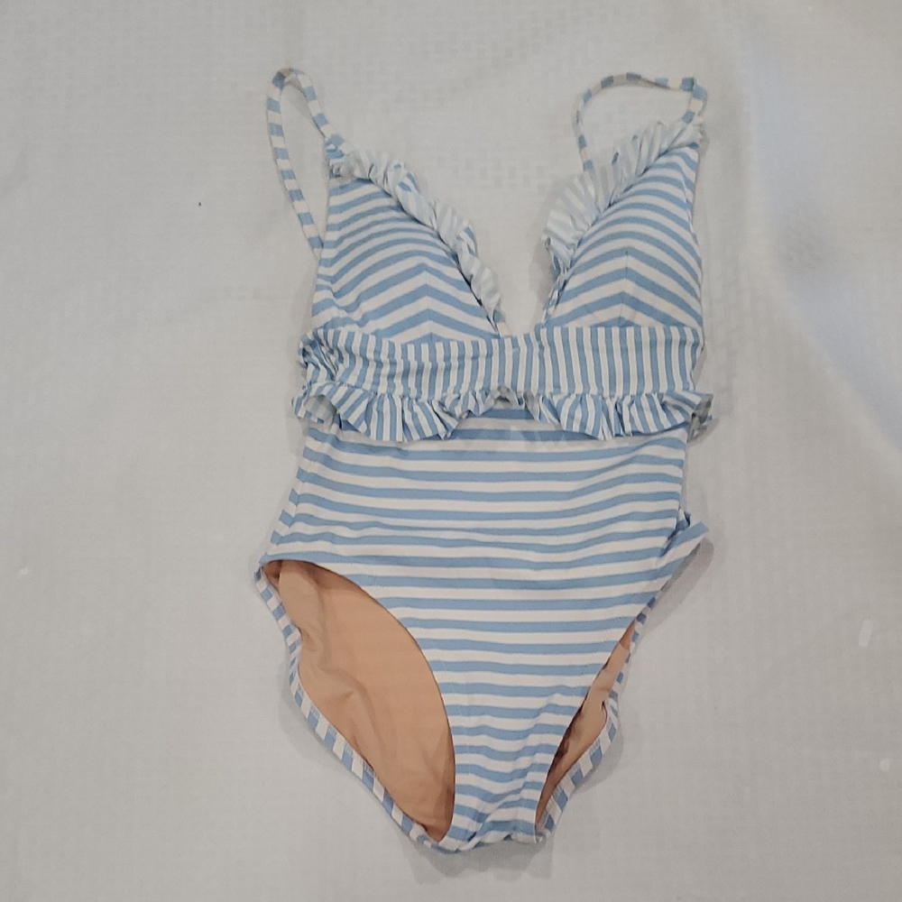 J. Crew Ruffle Plunging  Blue and White Striped Women's One Piece Swimsuit - Picture 9 of 12